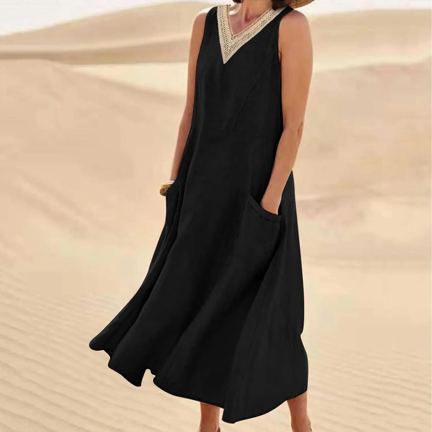 Cotton Linen Dress Women Plus Size Lace V Neck Sleeveless Summer Casual Beach Vacation Sundress Boho Flowy Midi Dress