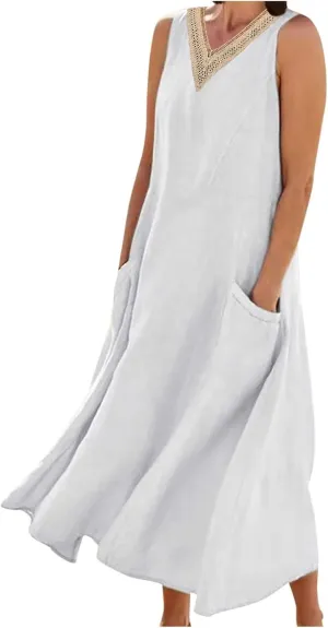 Cotton Linen Dress Women Plus Size Lace V Neck Sleeveless Summer Casual Beach Vacation Sundress Boho Flowy Midi Dress