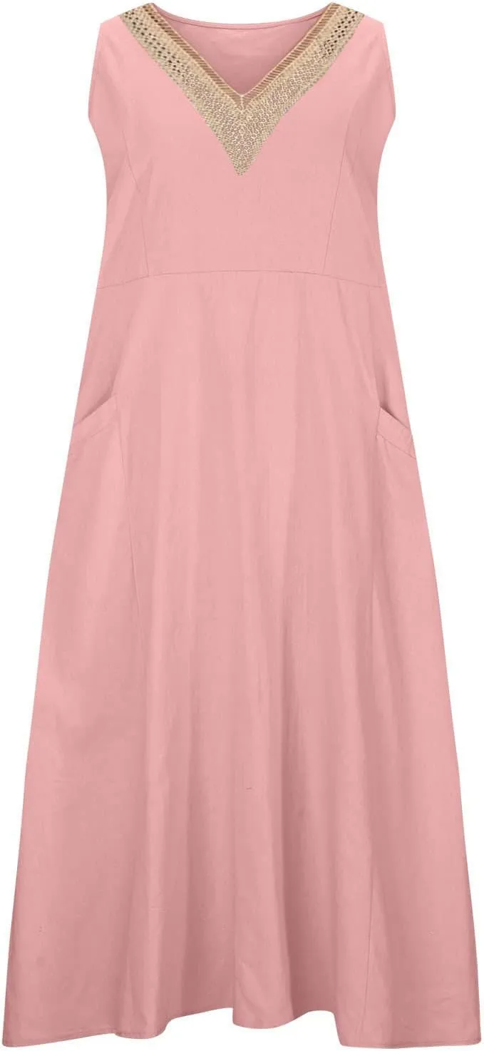 Cotton Linen Dress Women Plus Size Lace V Neck Sleeveless Summer Casual Beach Vacation Sundress Boho Flowy Midi Dress