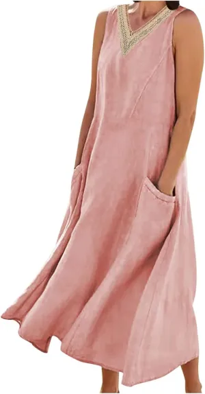 Cotton Linen Dress Women Plus Size Lace V Neck Sleeveless Summer Casual Beach Vacation Sundress Boho Flowy Midi Dress