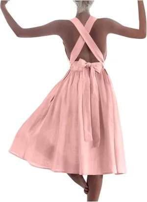 Cotton Linen Midi Dress for Women Summer Beach Vacation Backless Dresses Fashion Sleeveless A Line Pleated Sundress
