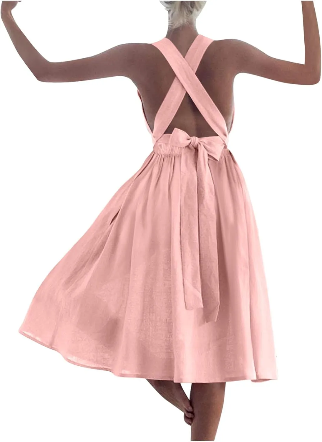 Cotton Linen Midi Dress for Women Summer Beach Vacation Backless Dresses Fashion Sleeveless A Line Pleated Sundress