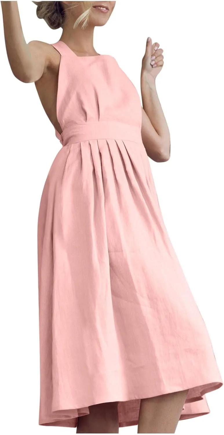 Cotton Linen Midi Dress for Women Summer Beach Vacation Backless Dresses Fashion Sleeveless A Line Pleated Sundress