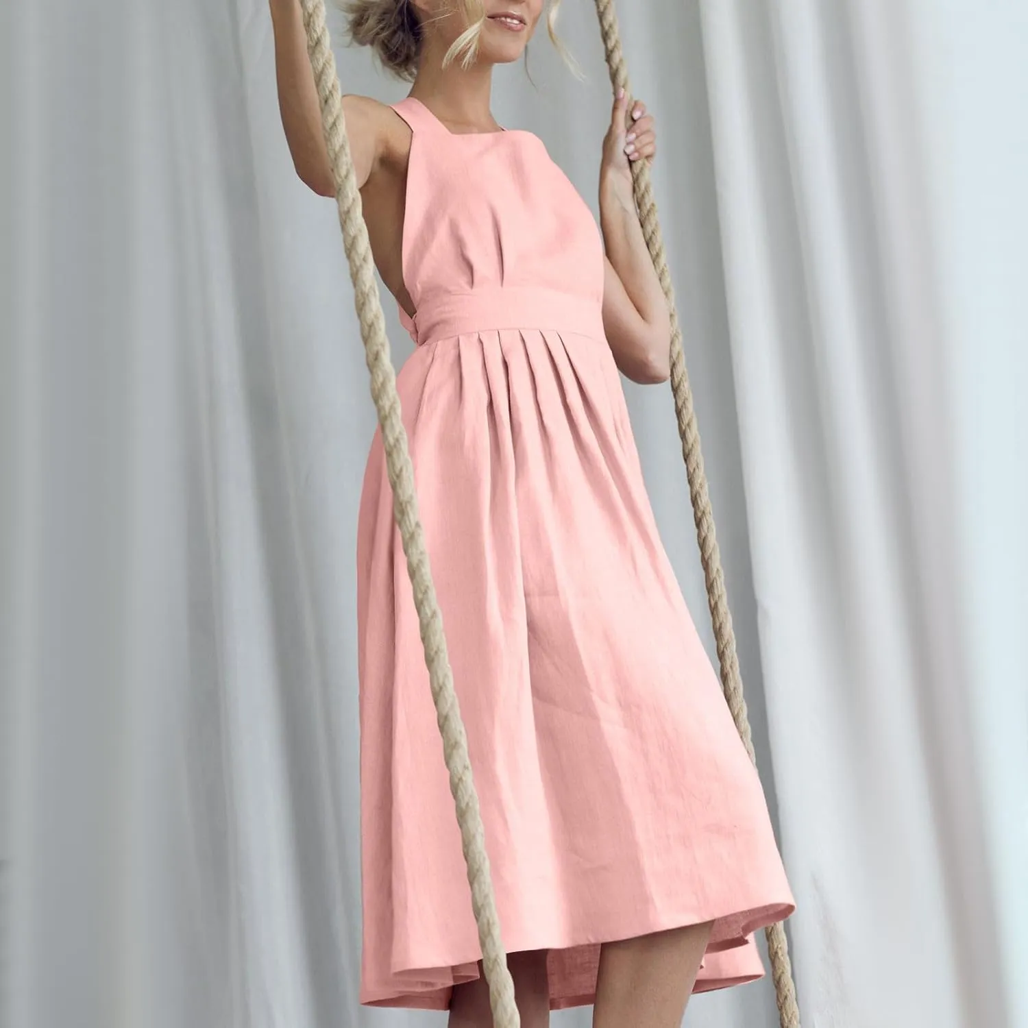 Cotton Linen Midi Dress for Women Summer Beach Vacation Backless Dresses Fashion Sleeveless A Line Pleated Sundress