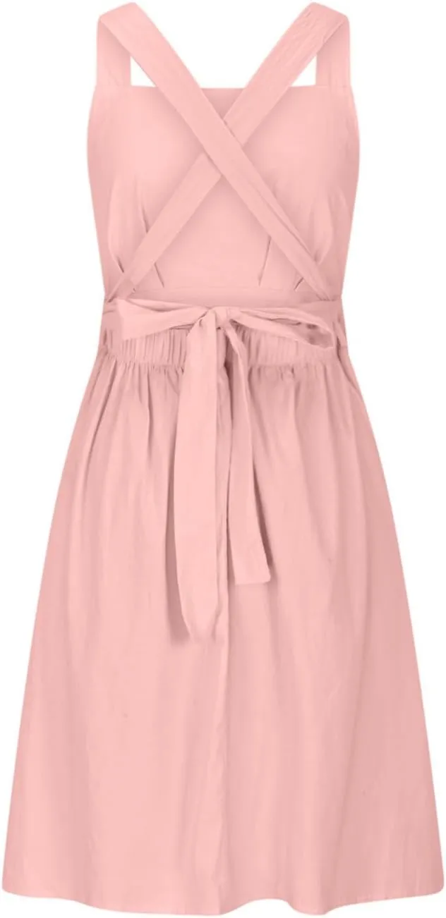 Cotton Linen Midi Dress for Women Summer Beach Vacation Backless Dresses Fashion Sleeveless A Line Pleated Sundress