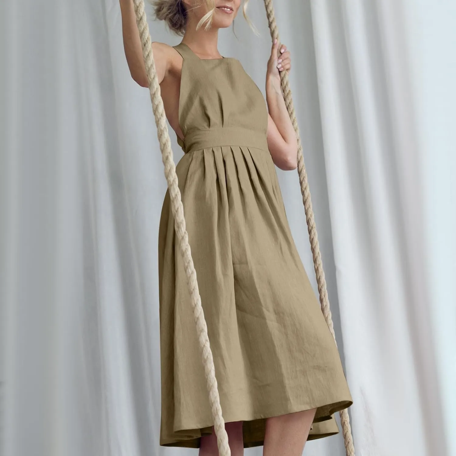 Cotton Linen Midi Dress for Women Summer Beach Vacation Backless Dresses Fashion Sleeveless A Line Pleated Sundress