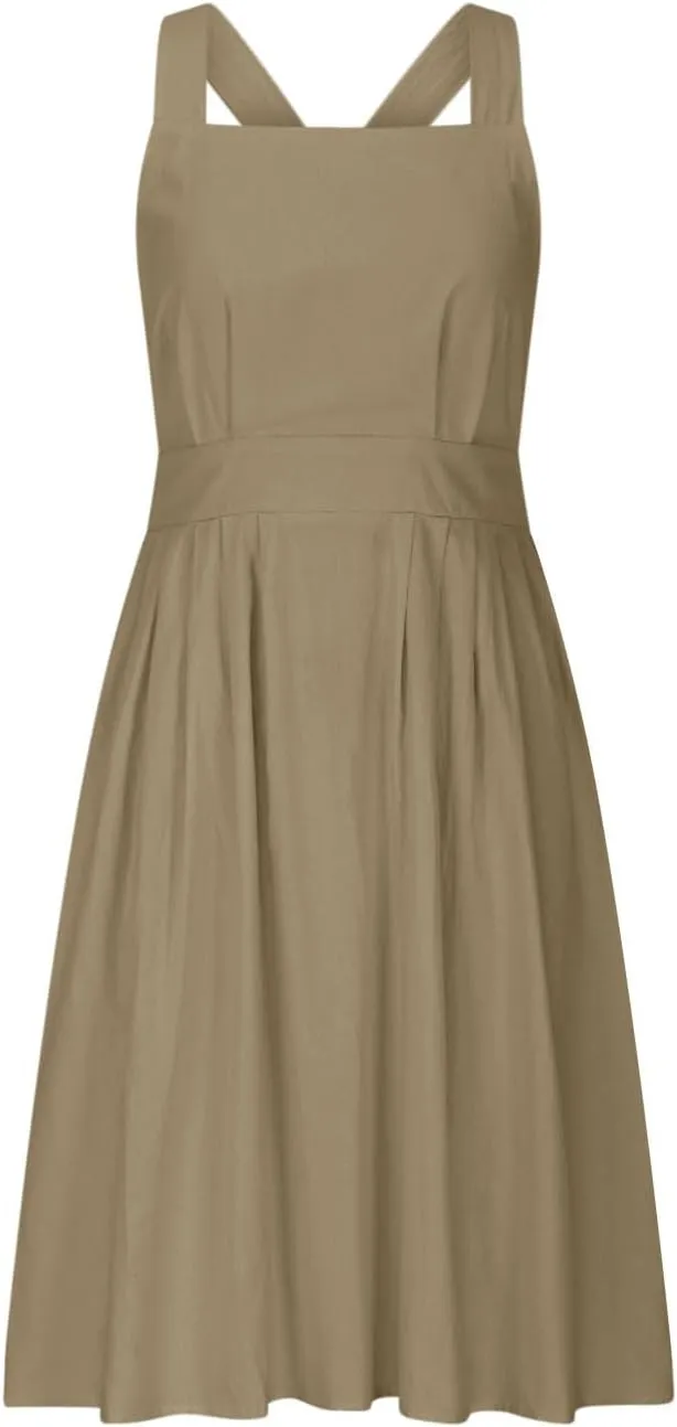 Cotton Linen Midi Dress for Women Summer Beach Vacation Backless Dresses Fashion Sleeveless A Line Pleated Sundress