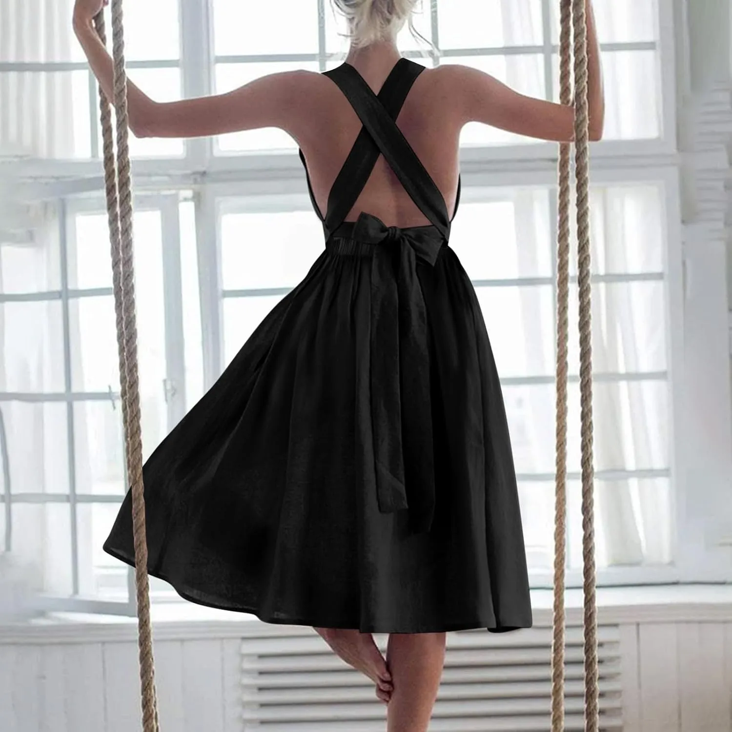Cotton Linen Midi Dress for Women Summer Beach Vacation Backless Dresses Fashion Sleeveless A Line Pleated Sundress