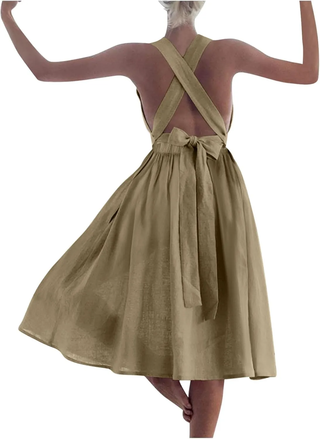 Cotton Linen Midi Dress for Women Summer Beach Vacation Backless Dresses Fashion Sleeveless A Line Pleated Sundress
