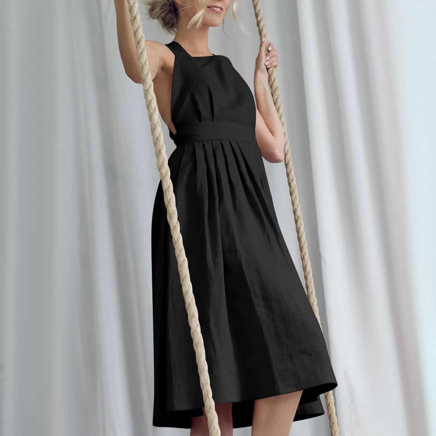 Cotton Linen Midi Dress for Women Summer Beach Vacation Backless Dresses Fashion Sleeveless A Line Pleated Sundress