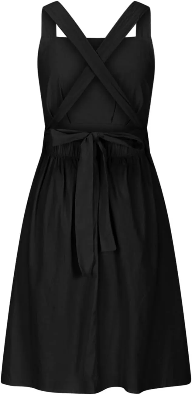 Cotton Linen Midi Dress for Women Summer Beach Vacation Backless Dresses Fashion Sleeveless A Line Pleated Sundress