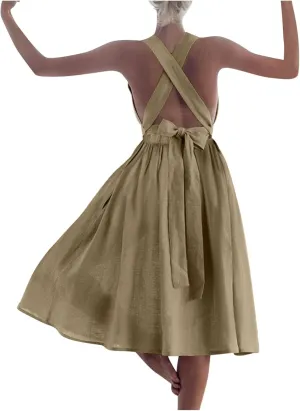 Cotton Linen Midi Dress for Women Summer Beach Vacation Backless Dresses Fashion Sleeveless A Line Pleated Sundress