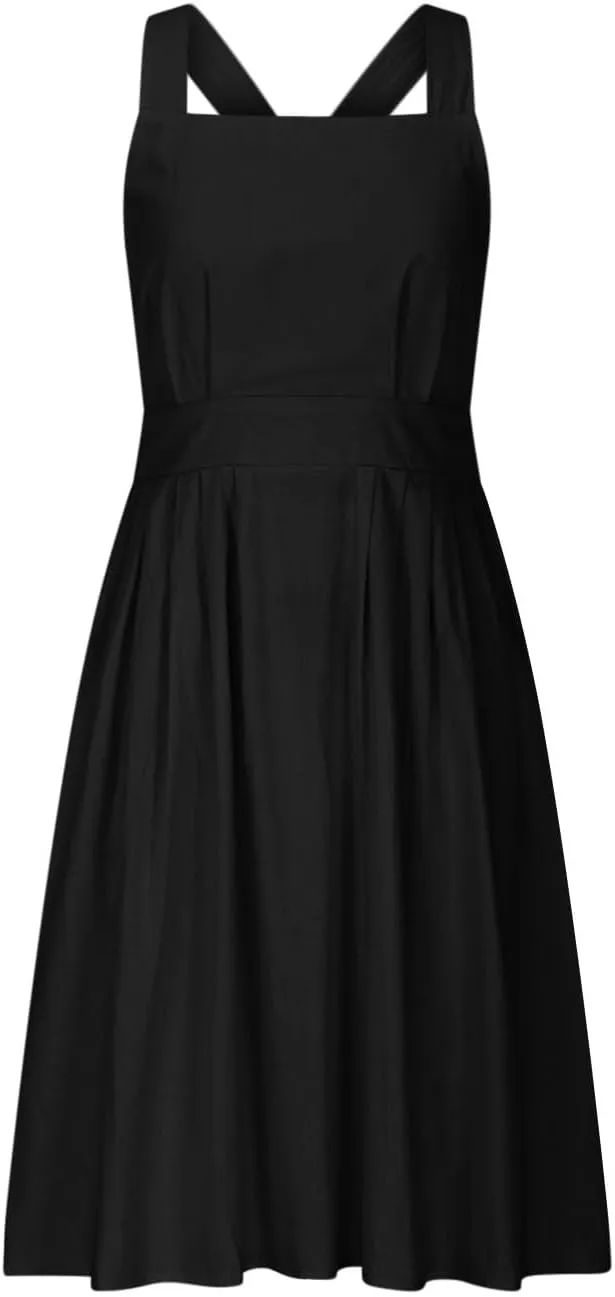 Cotton Linen Midi Dress for Women Summer Beach Vacation Backless Dresses Fashion Sleeveless A Line Pleated Sundress