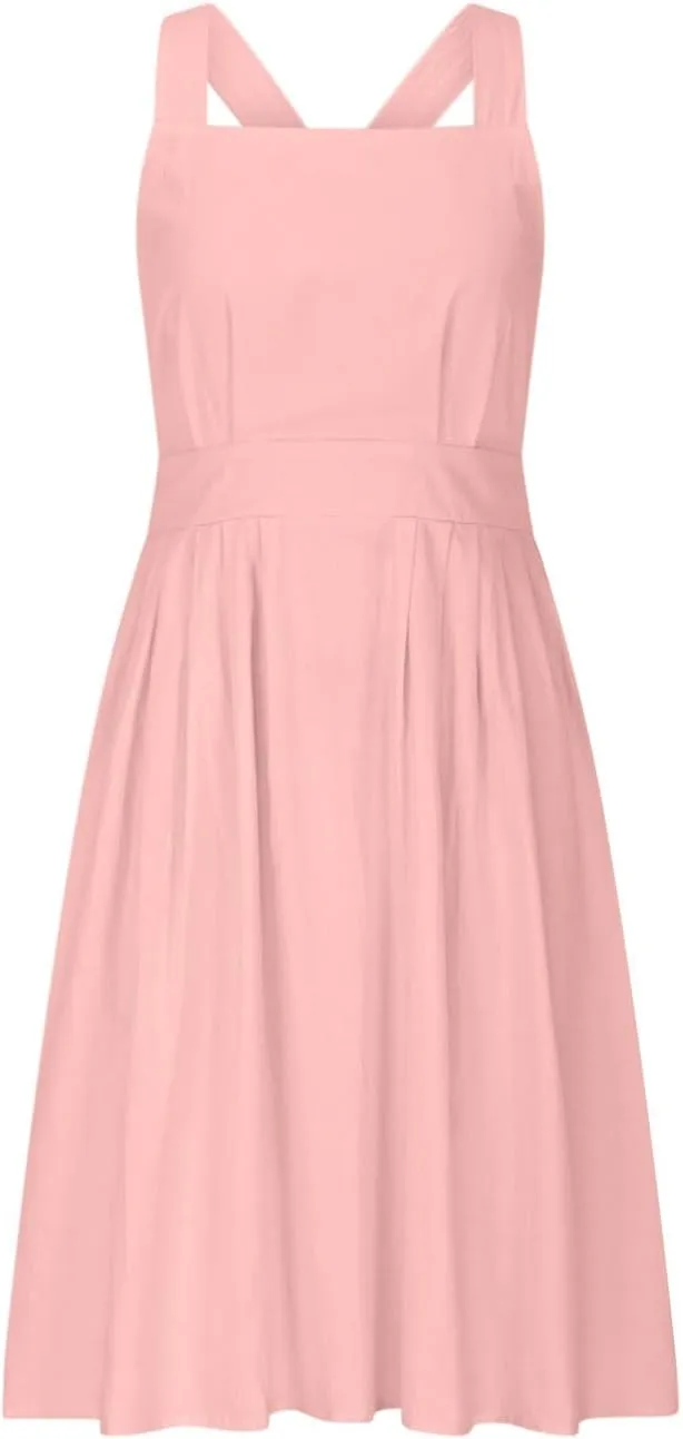 Cotton Linen Midi Dress for Women Summer Beach Vacation Backless Dresses Fashion Sleeveless A Line Pleated Sundress