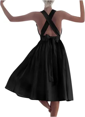 Cotton Linen Midi Dress for Women Summer Beach Vacation Backless Dresses Fashion Sleeveless A Line Pleated Sundress