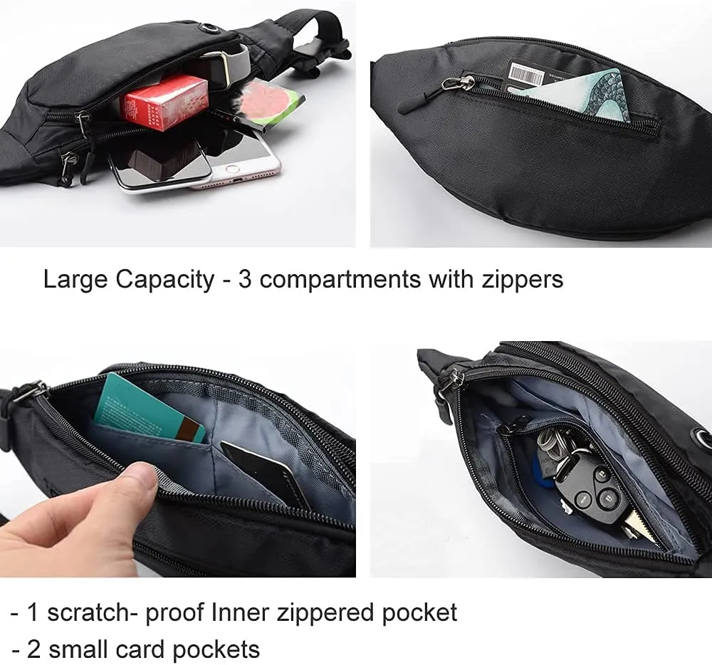 Crossbody Fanny Packs for Women and Men Waist Pack Waterproof Hip Money Belt Bag for Travel, Walking, Hiking, Hunting and Running (BLACK)