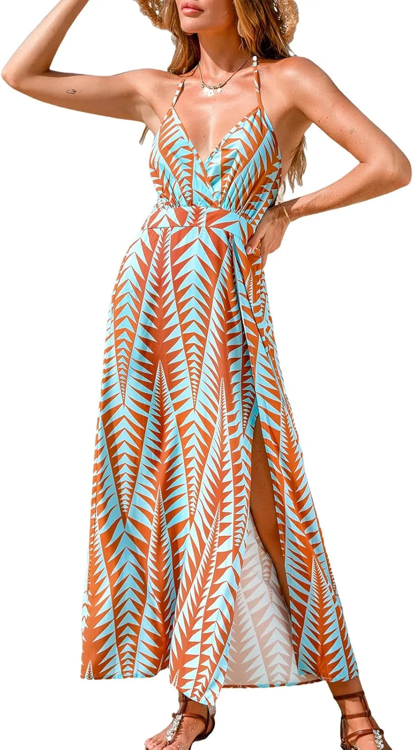 CUPSHE Women Halter Backless Summer Dresses Spaghetti Strap Side Slit Casual Beach Sundress Holiday Vacation Maxi Dress