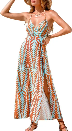 CUPSHE Women Halter Backless Summer Dresses Spaghetti Strap Side Slit Casual Beach Sundress Holiday Vacation Maxi Dress