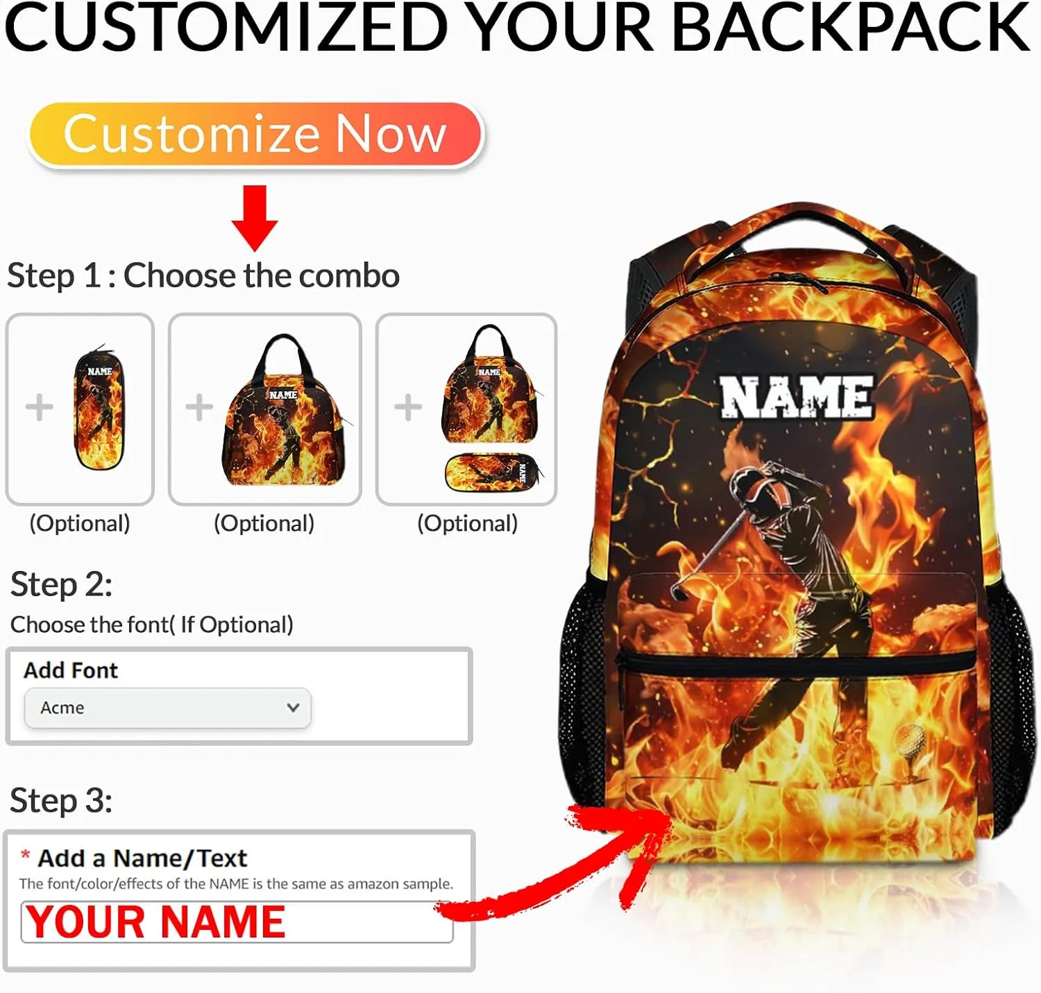 Custom Boys Backpack for School, Personalized Golf Backpacks for Kids Sports Lovers, 17 Inches Cool Large Capacity Bookbag for Primary Preschool, Custom Name Supplies for Students