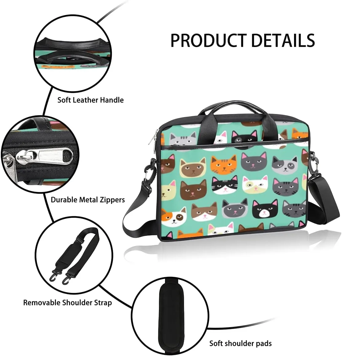 Cute Cat Face Laptop Shoulder Messenger Bag Waterproof Laptop Briefcase with Handle and Padded Strap Case Sleeve