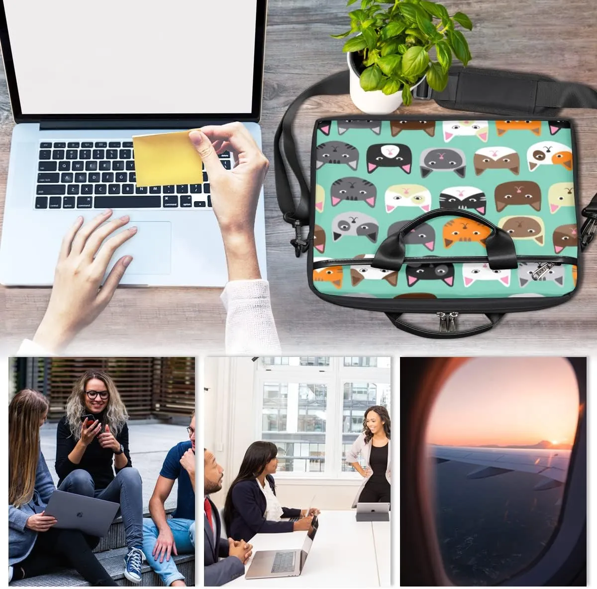 Cute Cat Face Laptop Shoulder Messenger Bag Waterproof Laptop Briefcase with Handle and Padded Strap Case Sleeve