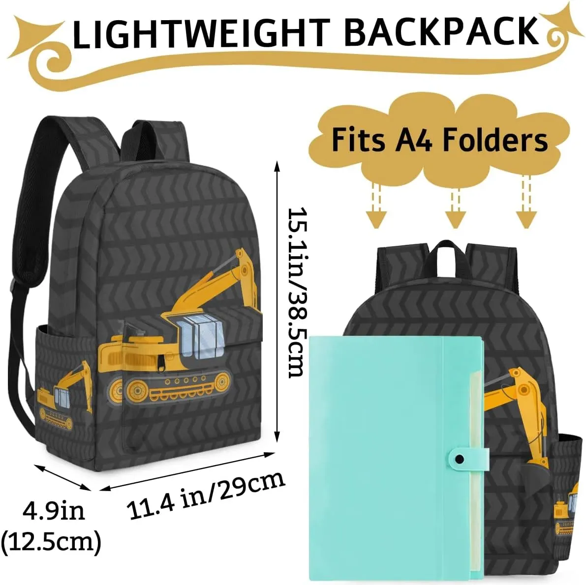 Cute Excavator Kids Backpack for Boys Girls Truck Car Preschool Toddler Backpack Kindergarten Nursery Bookbag Travel Children Lightweight School Bag