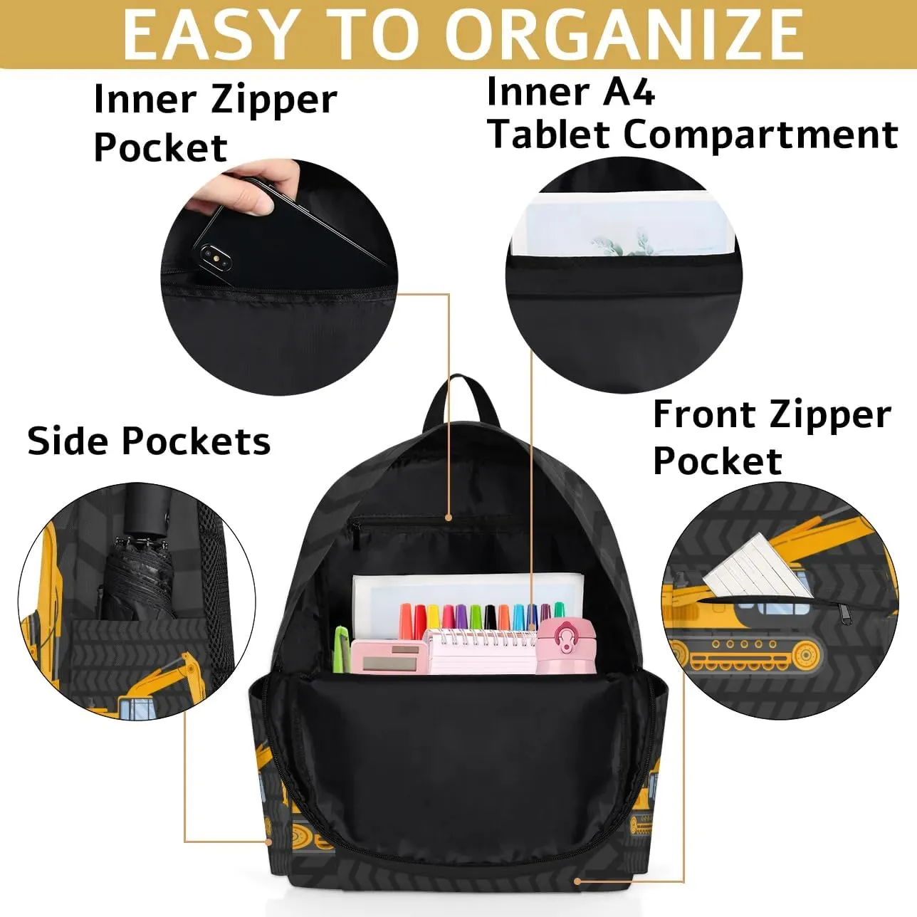 Cute Excavator Kids Backpack for Boys Girls Truck Car Preschool Toddler Backpack Kindergarten Nursery Bookbag Travel Children Lightweight School Bag