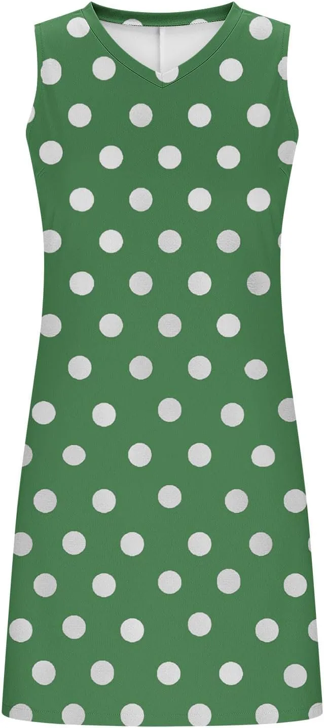 Cute Polka Dots Mini Tank Dress Women Summer Sleeveless V Neck Casual Tunic Dresses Side Split Hem Beach Sundress