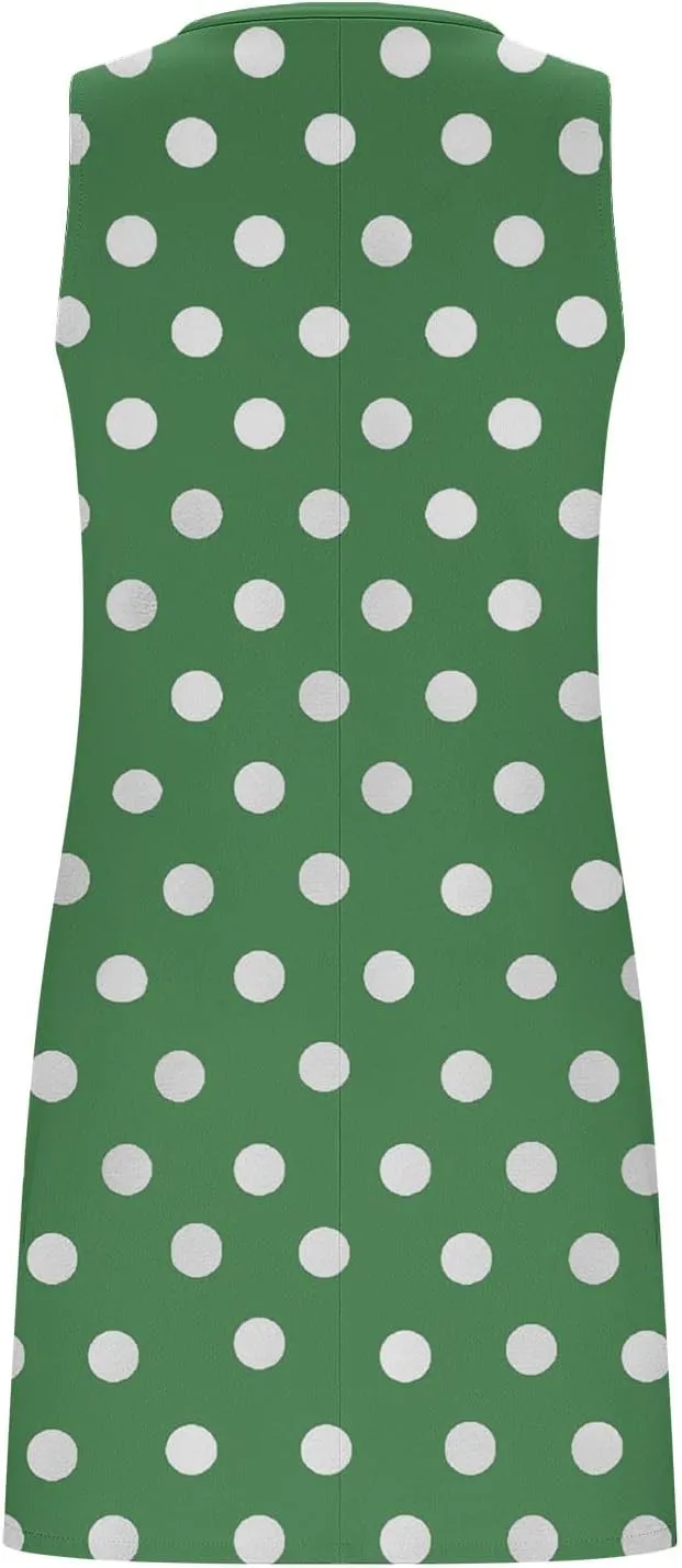 Cute Polka Dots Mini Tank Dress Women Summer Sleeveless V Neck Casual Tunic Dresses Side Split Hem Beach Sundress
