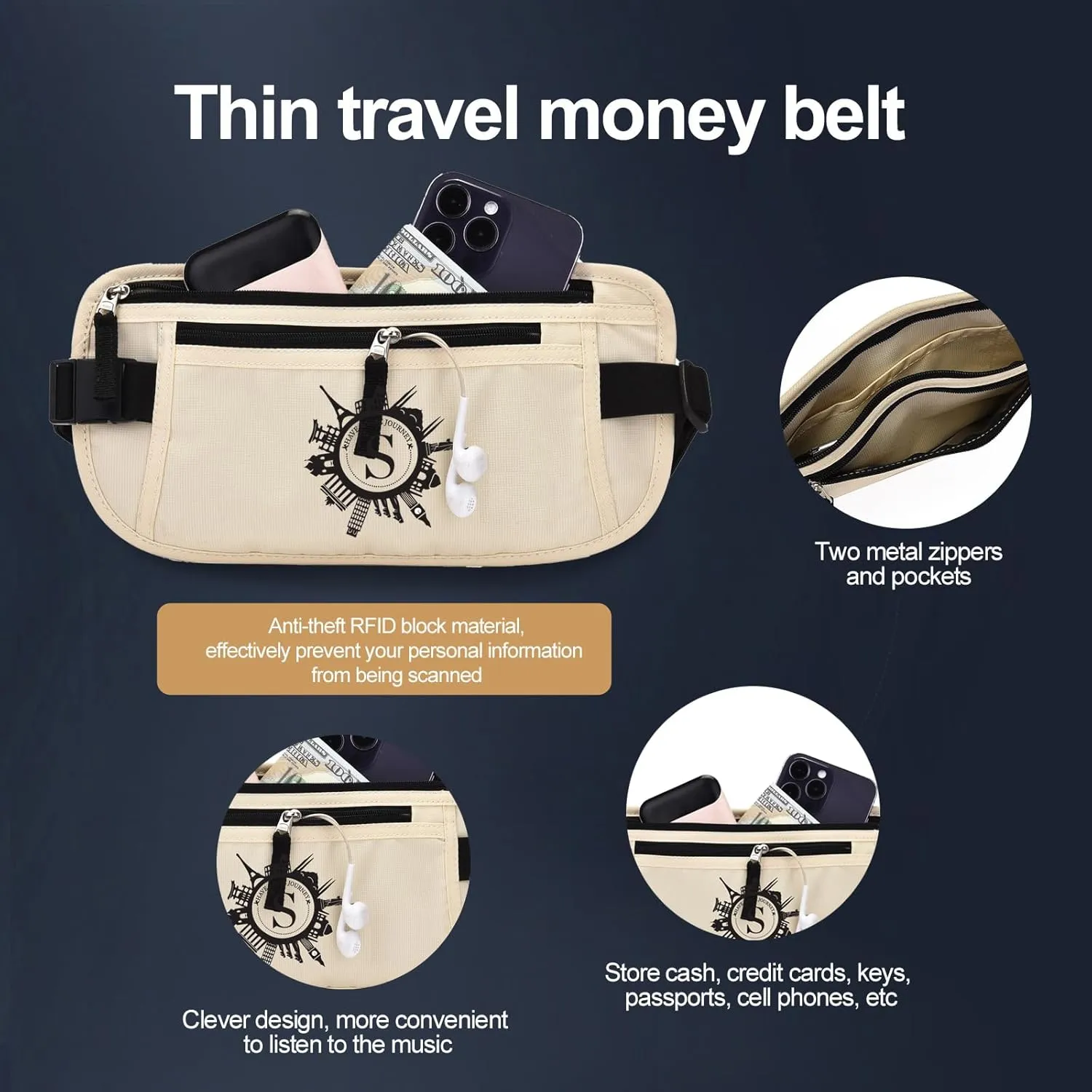 DAITET Personalized Initial Money Belt,RFID Blocking Travel Secure Bag,Monogrammed Gift for Women, Mom and Travel enthusiasts(S)