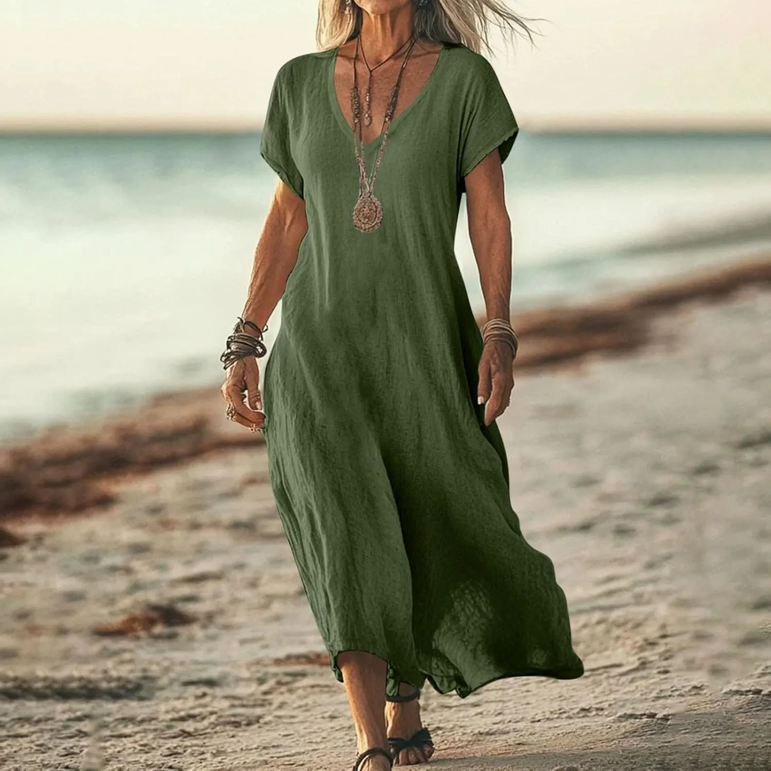 DDAPJ pyju Casual Summer Dresses for Women 2025 Linen V Neck Short Sleeve Tshirt Dress Beach Vacation Flowy Maxi Dresses