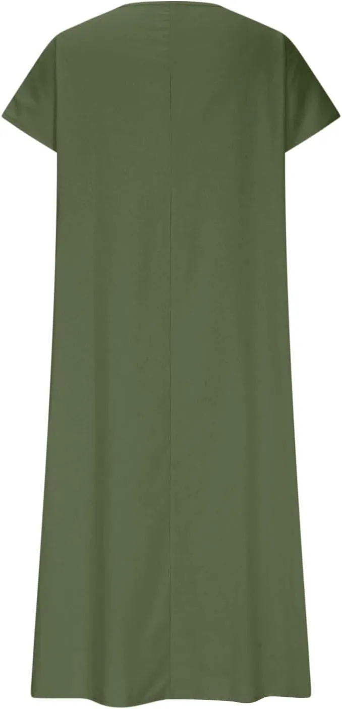 DDAPJ pyju Casual Summer Dresses for Women 2025 Linen V Neck Short Sleeve Tshirt Dress Beach Vacation Flowy Maxi Dresses