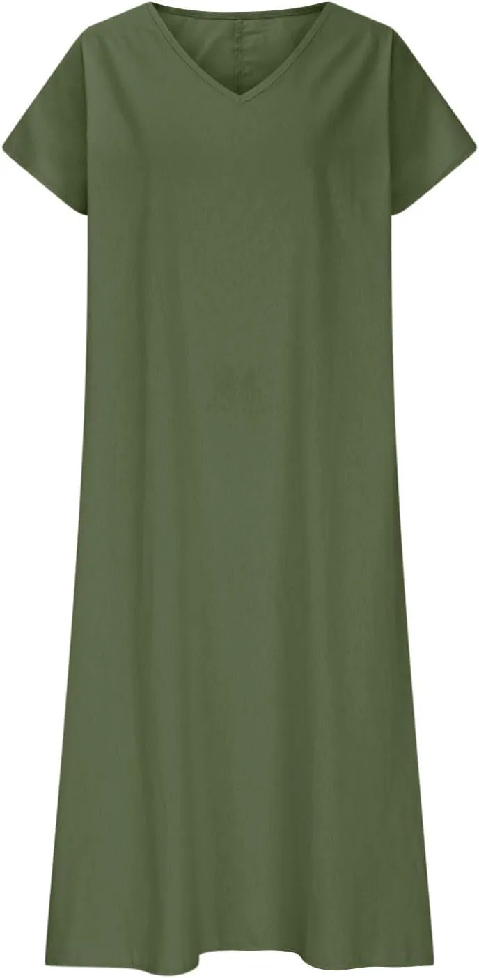 DDAPJ pyju Casual Summer Dresses for Women 2025 Linen V Neck Short Sleeve Tshirt Dress Beach Vacation Flowy Maxi Dresses