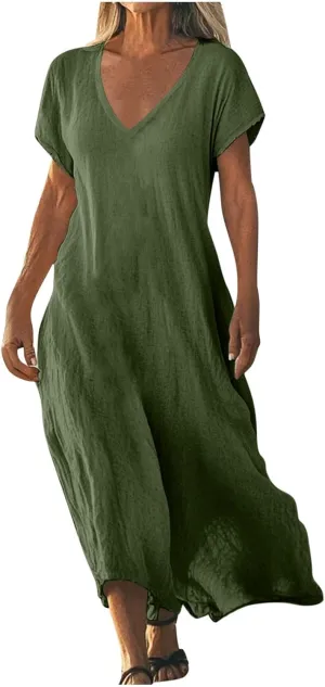 DDAPJ pyju Casual Summer Dresses for Women 2025 Linen V Neck Short Sleeve Tshirt Dress Beach Vacation Flowy Maxi Dresses