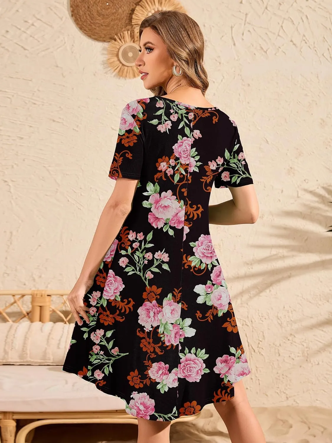 DEARCASE Women's T Shirt Dress Short Sleeve V-Neck Spring Summer Casual Loose Flowy Swing Midi Tunic Dresses