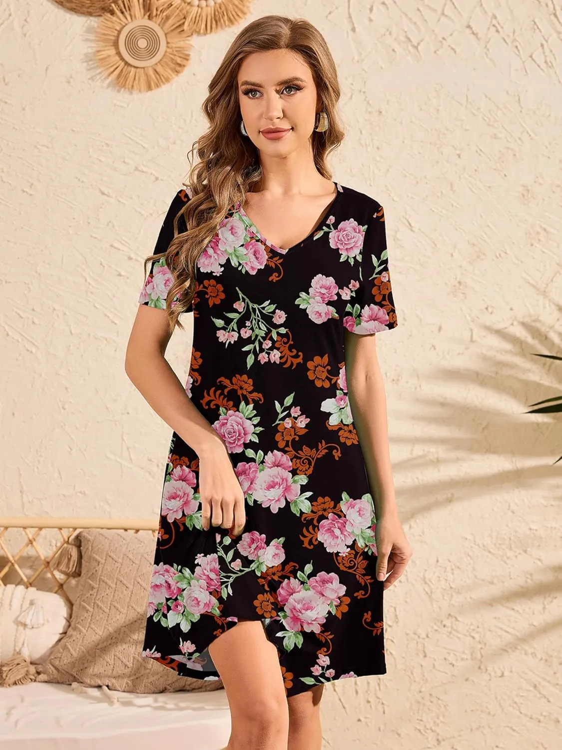 DEARCASE Women's T Shirt Dress Short Sleeve V-Neck Spring Summer Casual Loose Flowy Swing Midi Tunic Dresses