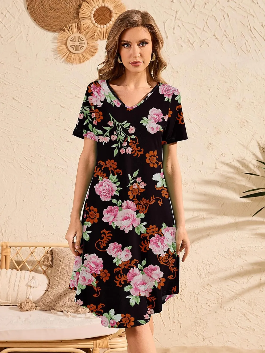DEARCASE Women's T Shirt Dress Short Sleeve V-Neck Spring Summer Casual Loose Flowy Swing Midi Tunic Dresses