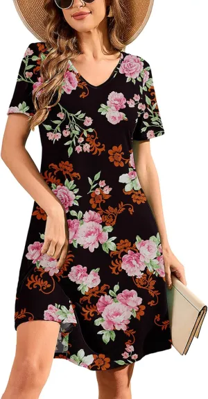DEARCASE Women's T Shirt Dress Short Sleeve V-Neck Spring Summer Casual Loose Flowy Swing Midi Tunic Dresses