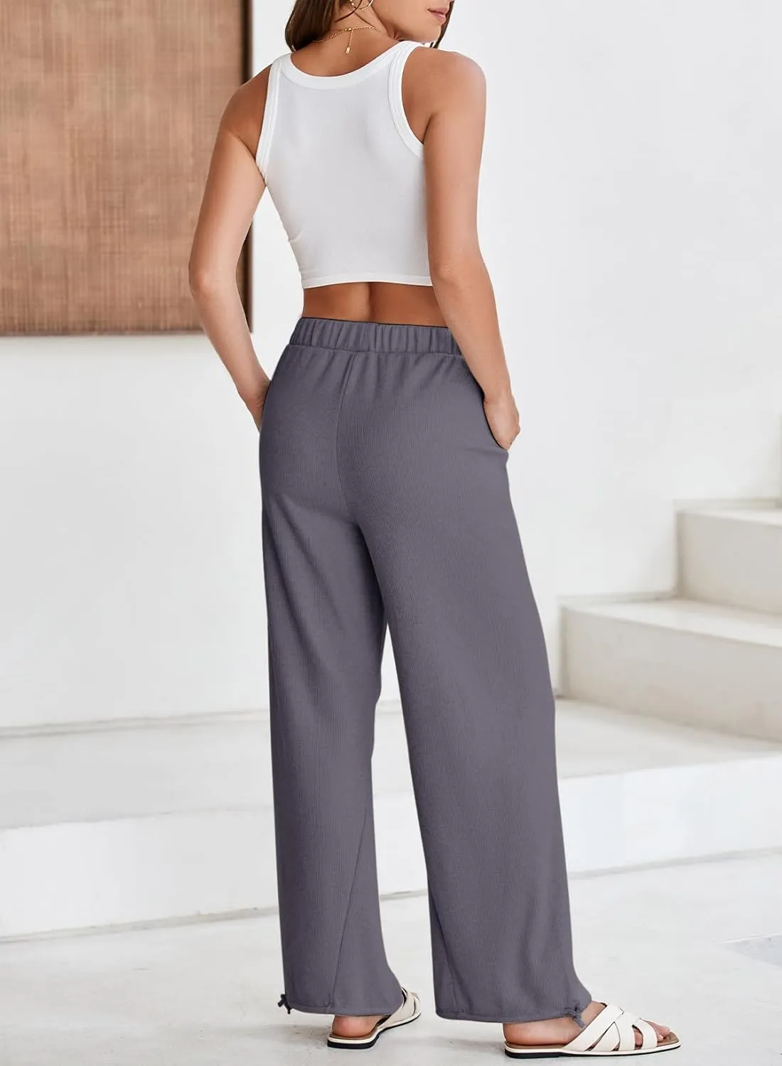 Dokotoo Womens Baggy Wide Leg Pants Drawstrings Cuffs Elastic Waisted Loose Palazzo Casual Harem Pants with Pockets