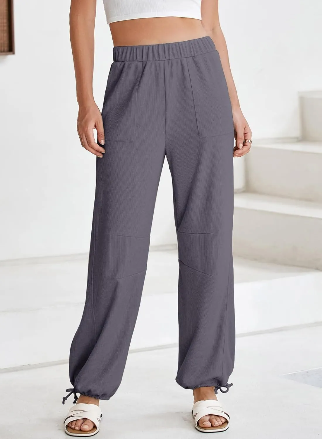 Dokotoo Womens Baggy Wide Leg Pants Drawstrings Cuffs Elastic Waisted Loose Palazzo Casual Harem Pants with Pockets