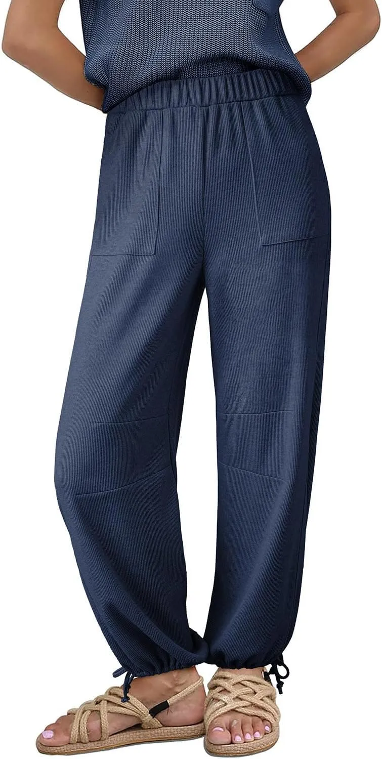 Dokotoo Womens Baggy Wide Leg Pants Drawstrings Cuffs Elastic Waisted Loose Palazzo Casual Harem Pants with Pockets