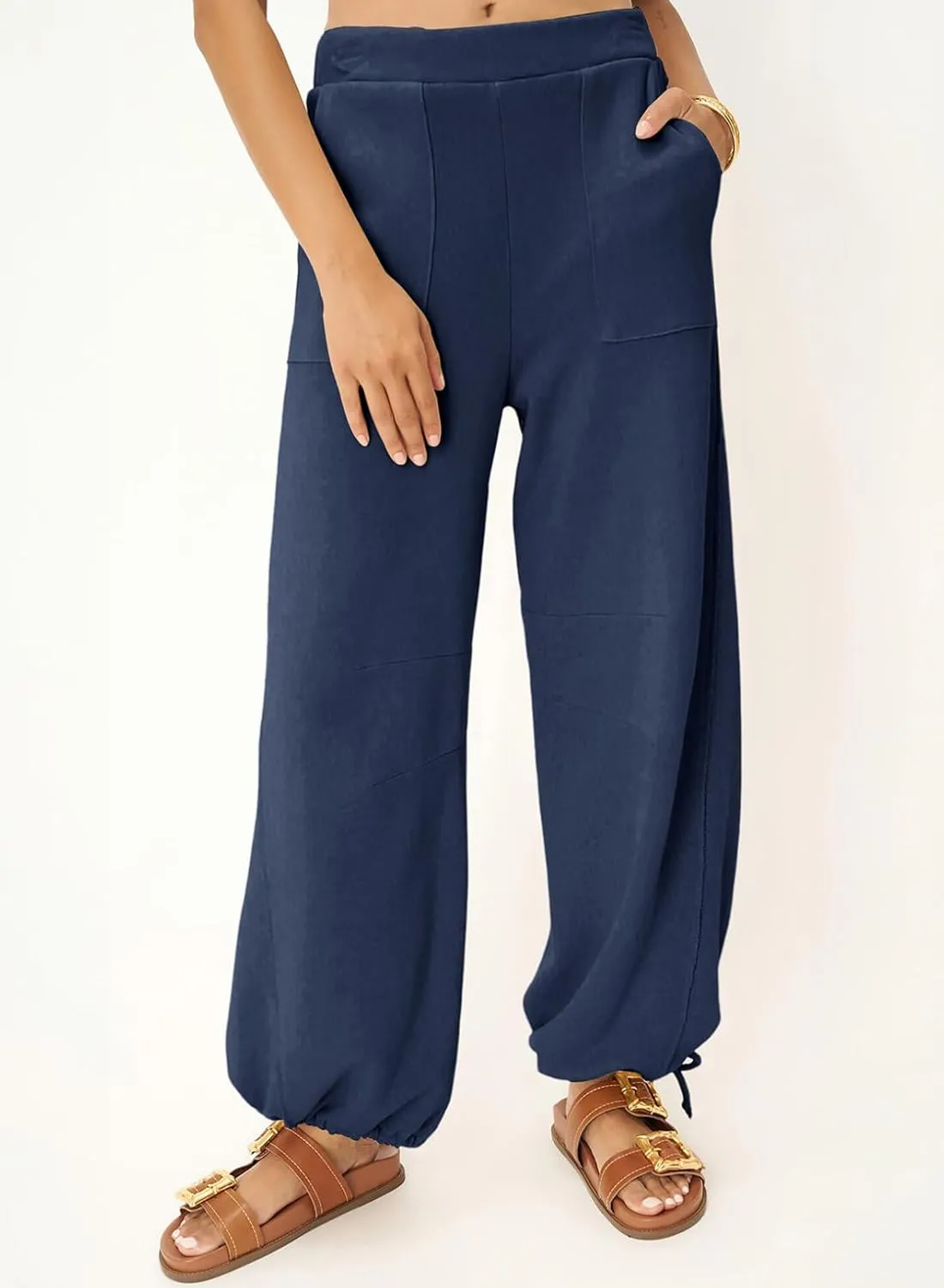 Dokotoo Womens Baggy Wide Leg Pants Drawstrings Cuffs Elastic Waisted Loose Palazzo Casual Harem Pants with Pockets