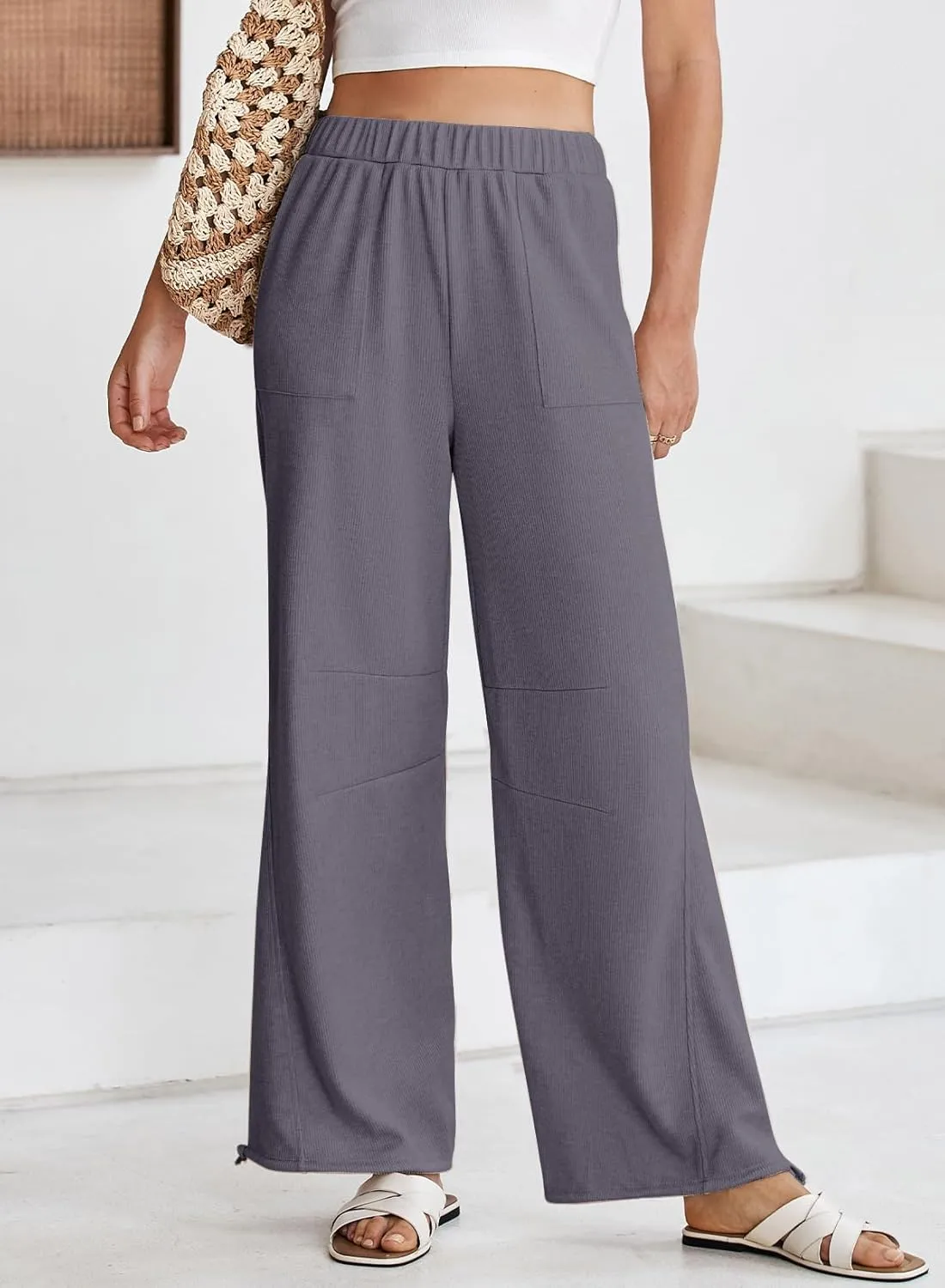 Dokotoo Womens Baggy Wide Leg Pants Drawstrings Cuffs Elastic Waisted Loose Palazzo Casual Harem Pants with Pockets