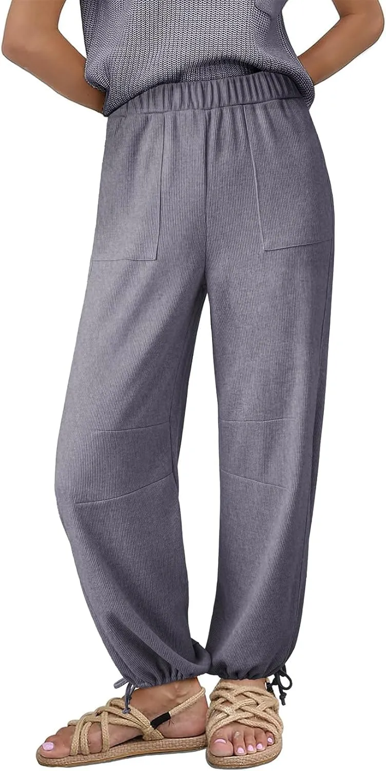 Dokotoo Womens Baggy Wide Leg Pants Drawstrings Cuffs Elastic Waisted Loose Palazzo Casual Harem Pants with Pockets