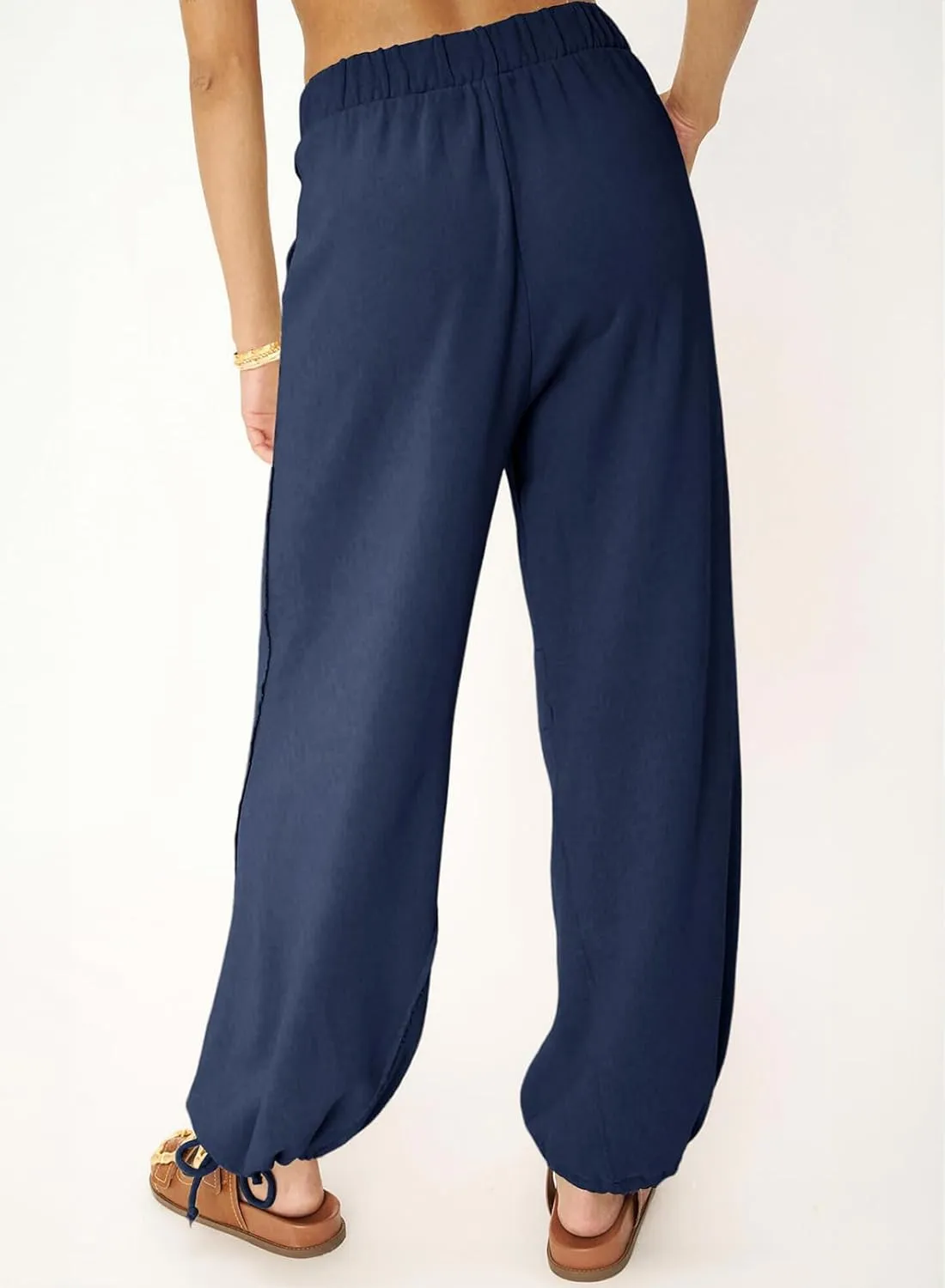 Dokotoo Womens Baggy Wide Leg Pants Drawstrings Cuffs Elastic Waisted Loose Palazzo Casual Harem Pants with Pockets
