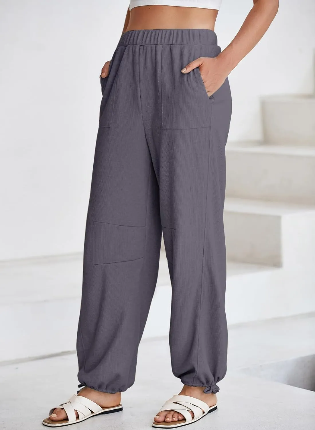 Dokotoo Womens Baggy Wide Leg Pants Drawstrings Cuffs Elastic Waisted Loose Palazzo Casual Harem Pants with Pockets