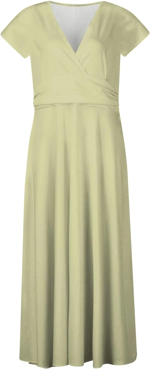 Dresses for Women 2024 Cap Sleeve Flowy Sundresses Elegant Wrap V Neck Long Dresses Floral Print Loose Maxi Dress