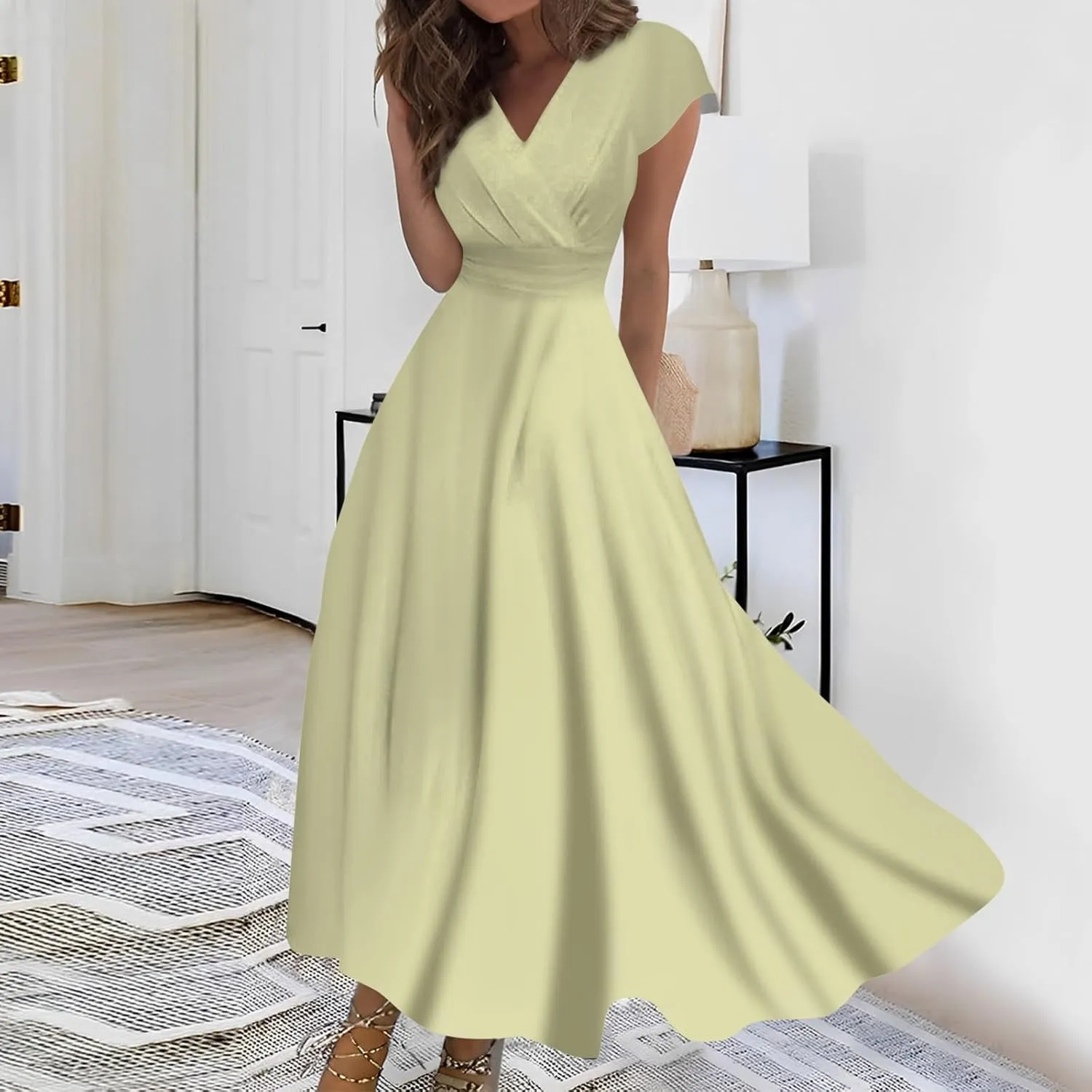 Dresses for Women 2024 Cap Sleeve Flowy Sundresses Elegant Wrap V Neck Long Dresses Floral Print Loose Maxi Dress