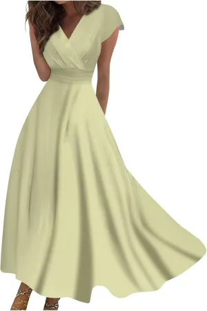 Dresses for Women 2024 Cap Sleeve Flowy Sundresses Elegant Wrap V Neck Long Dresses Floral Print Loose Maxi Dress