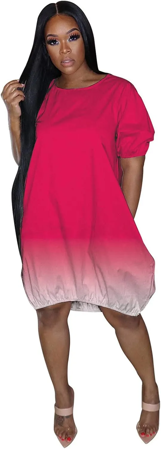Dresses for Women 2024 Casual Short Sleeve Crew Neck Midi Dress with Pockets Plus Size Loose Gradient Summer Dresses